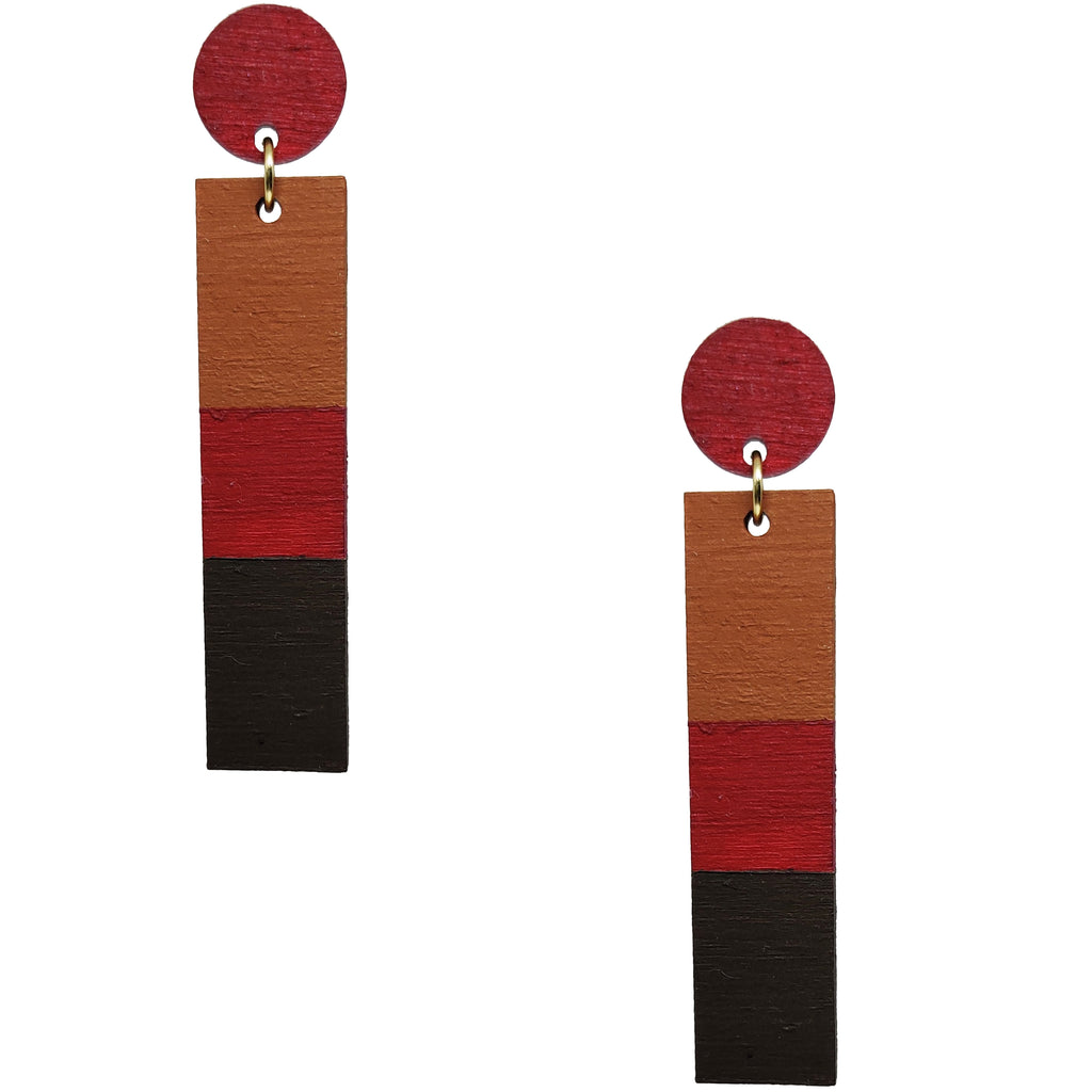 Brown, red and dark brown striped geometric earrings by the brand SCOTCHBONNET.