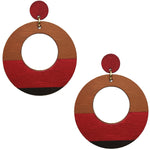 Large, round, red, brown and dark brown color blocked neutral tone statement earrings by the brand SCOTCHBONNET.