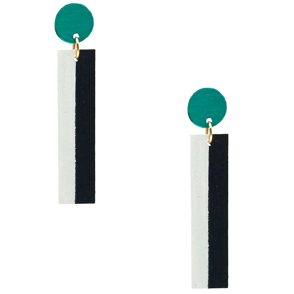 Geometric teal, white, and black color blocked statement earrings by the brand SCOTCHBONNET.