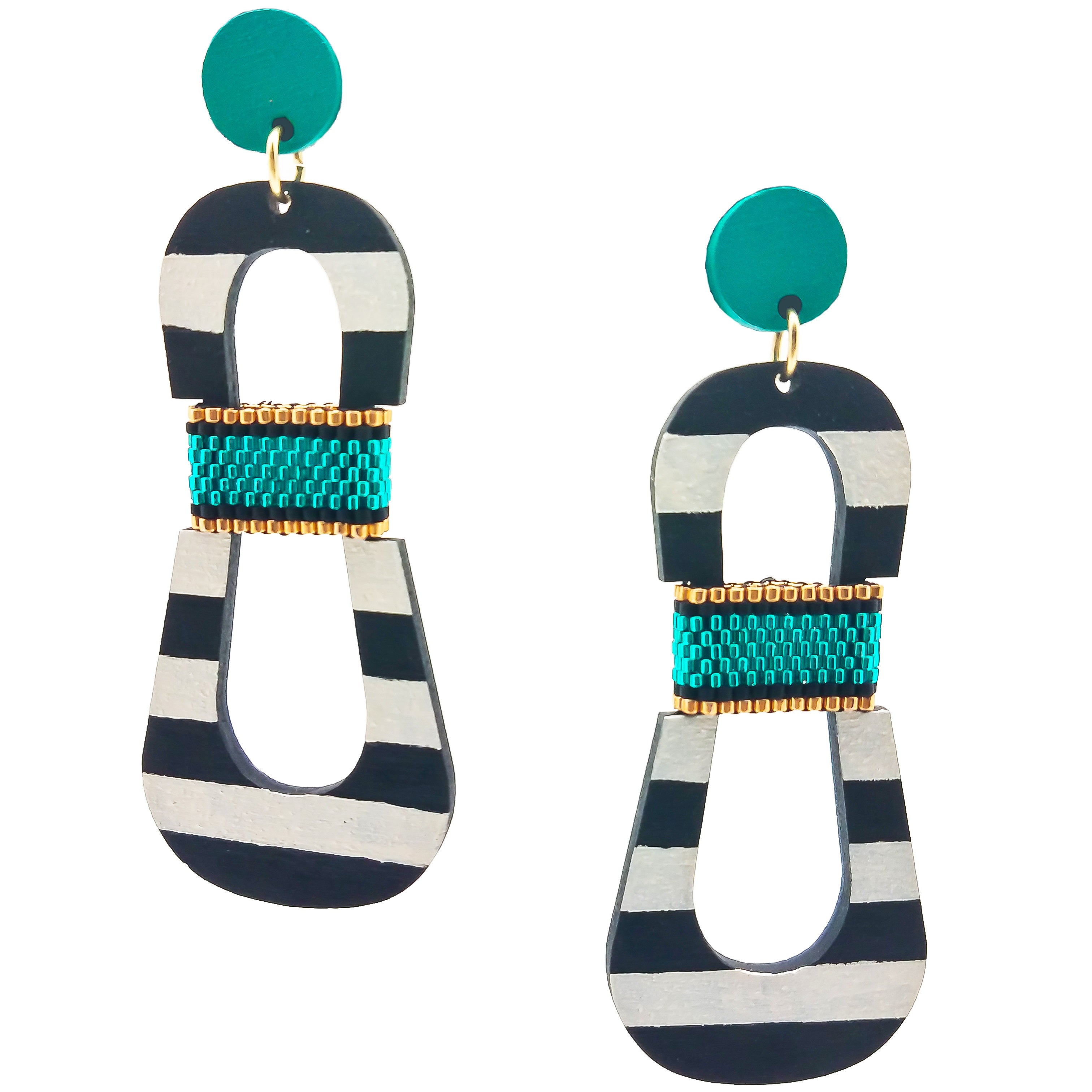 Modern, curvy, black and white striped statement earrings with hand-beaded teal accents by the brand SCOTCHBONNET.