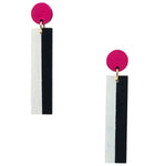 Geometric magenta, white, and black color blocked statement earrings by the brand SCOTCHBONNET.
