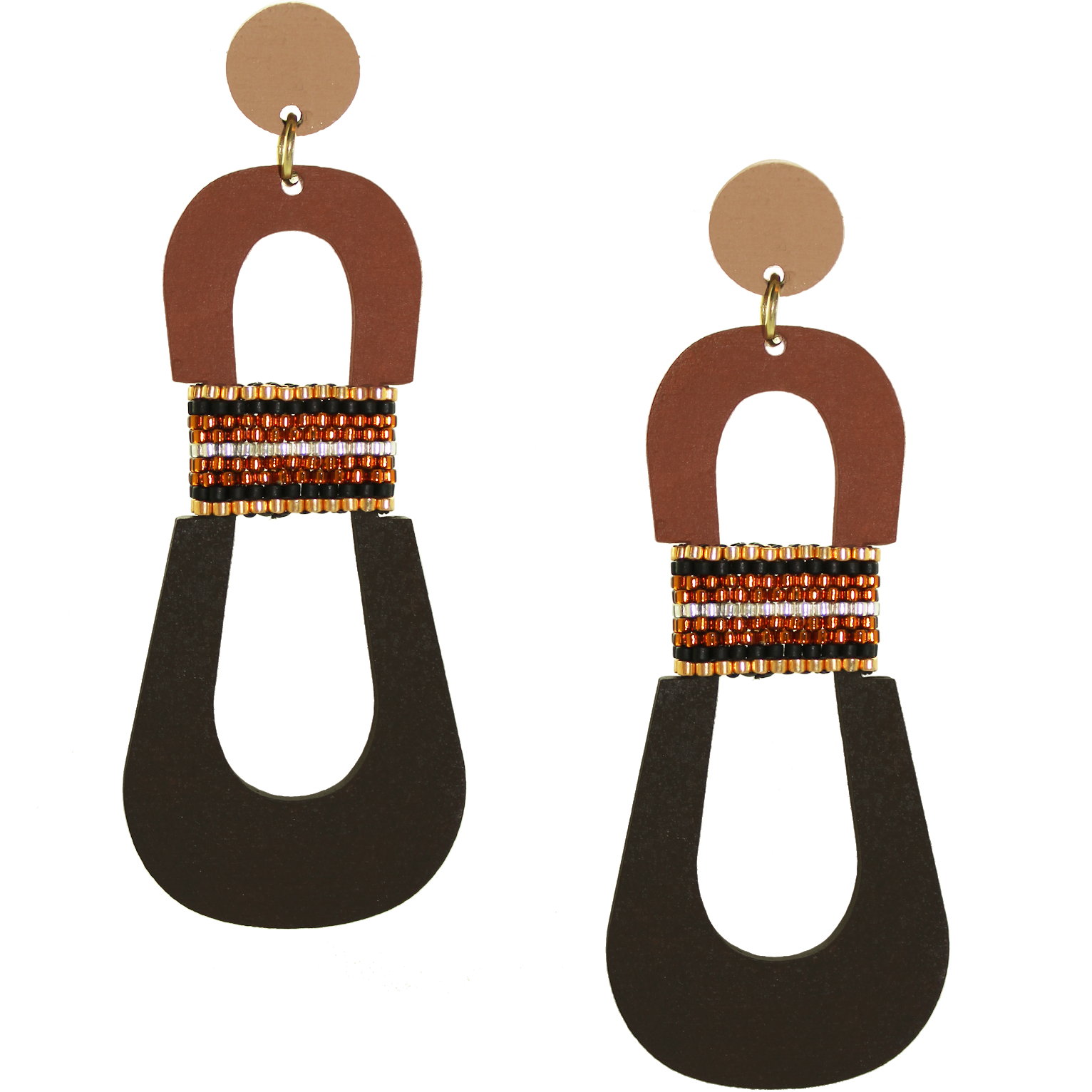 Modern, curvy, color blocked neutral tone statement earrings with hand-beaded accents by the brand SCOTCHBONNET.
