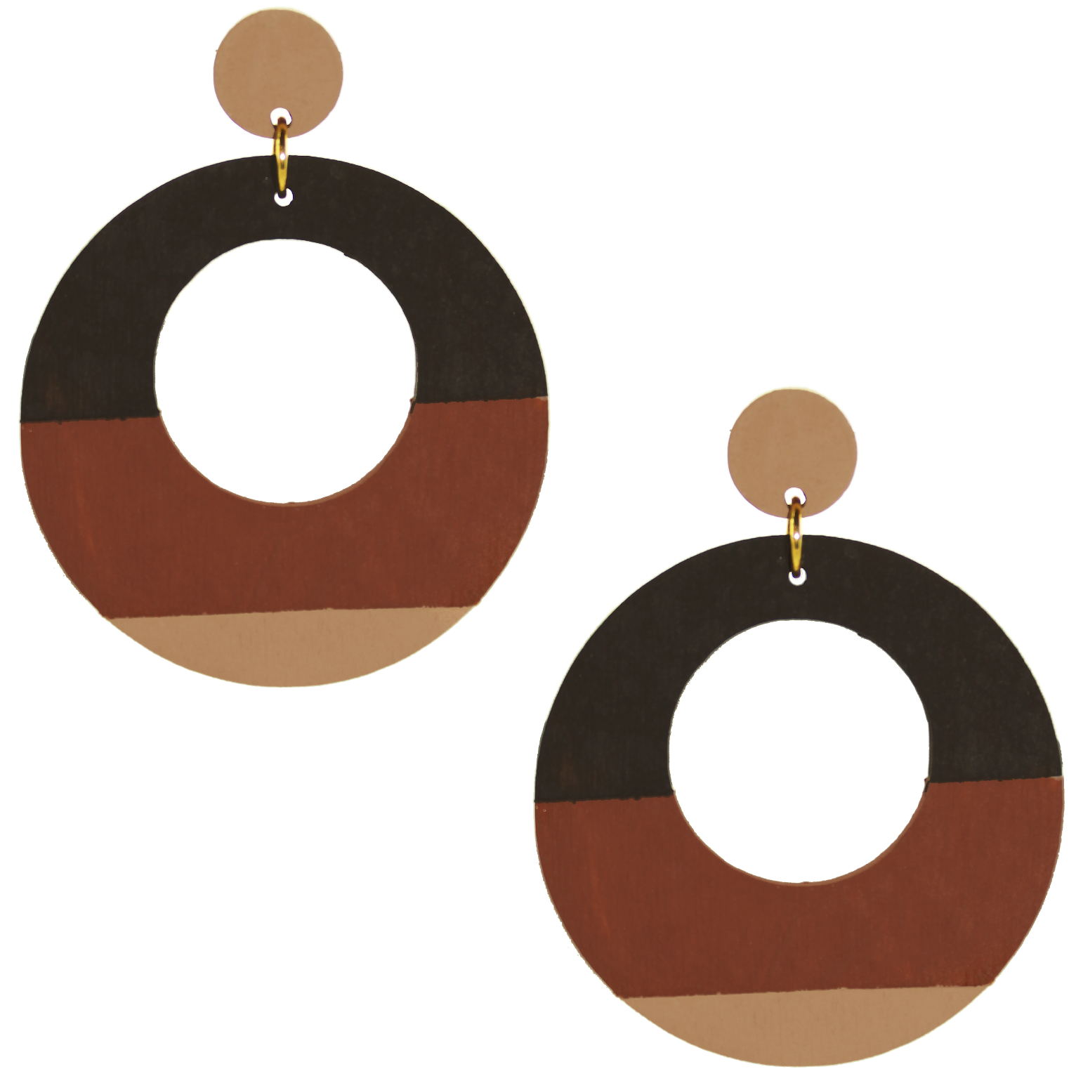 Large, round, color blocked neutral tone statement earrings by the brand SCOTCHBONNET.