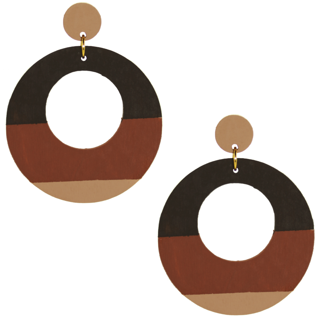 Large, round, color blocked neutral tone statement earrings by the brand SCOTCHBONNET.