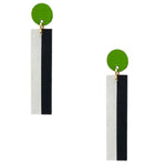 Geometric chartreuse, white, and black color blocked statement earrings by the brand SCOTCHBONNET.