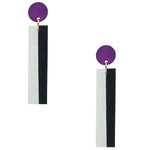 Geometric purple, white, and black color blocked statement earrings by the brand SCOTCHBONNET.