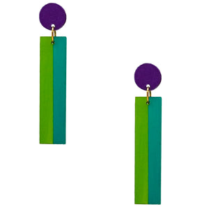Geometric color blocked statement earrings in bright shades of purple, green and teal by the brand SCOTCHBONNET.