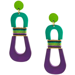 Modern, curvy, chartreuse, teal, and purple color blocked statement earrings with hand-beaded accents by the brand SCOTCHBONNET.