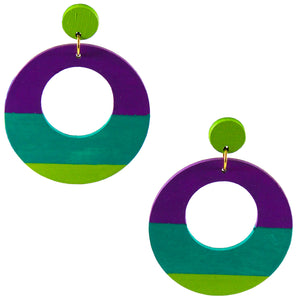Large, round,  chartreuse, teal and purple color blocked neutral tone statement earrings by the brand SCOTCHBONNET.