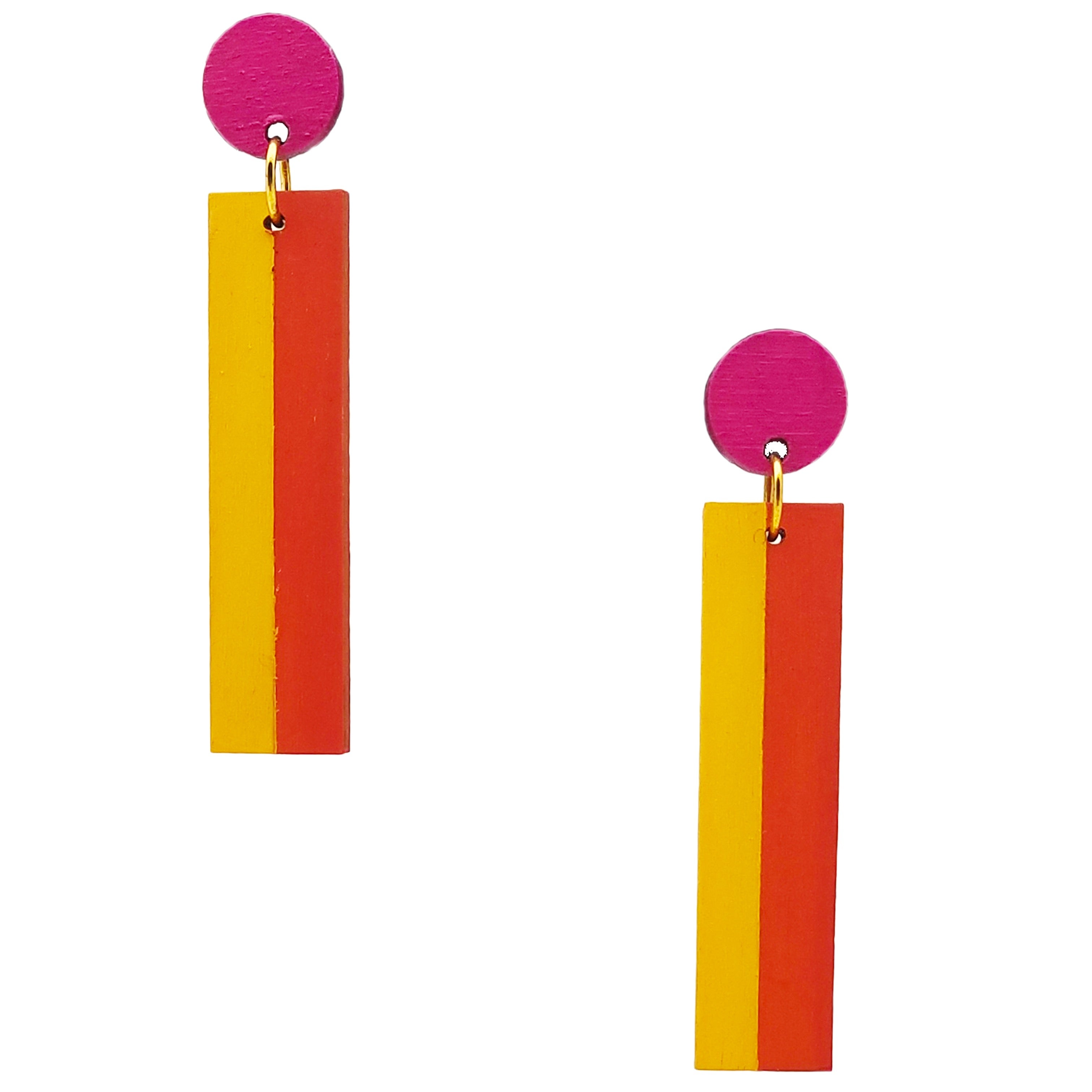 Geometric color blocked statement earrings in bright shades of magenta, orange and yellow by the brand SCOTCHBONNET.