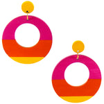 Large, round, yellow, magenta and orange color blocked neutral tone statement earrings by the brand SCOTCHBONNET.